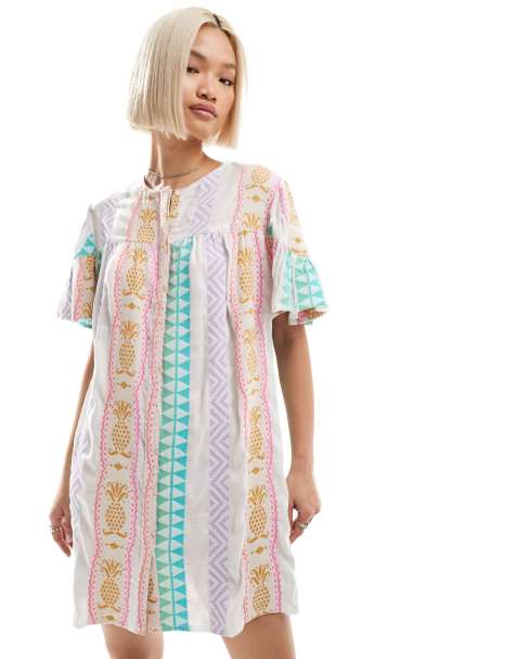 Native Youth – Buntes, besticktes Hängerkleid aus Leinen mit Ananas-Motiven - view 1