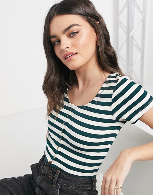 Native Youth button through crop top in teal stripe