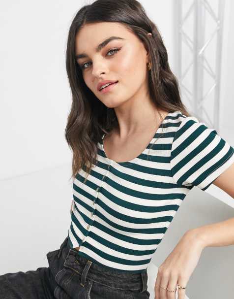 Native Youth button through crop top in teal stripe