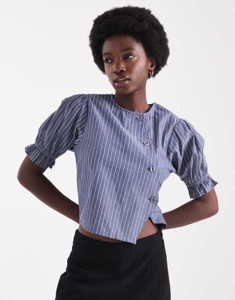 Native Youth buttoned top with puff sleeves in indigo stripe - view 1