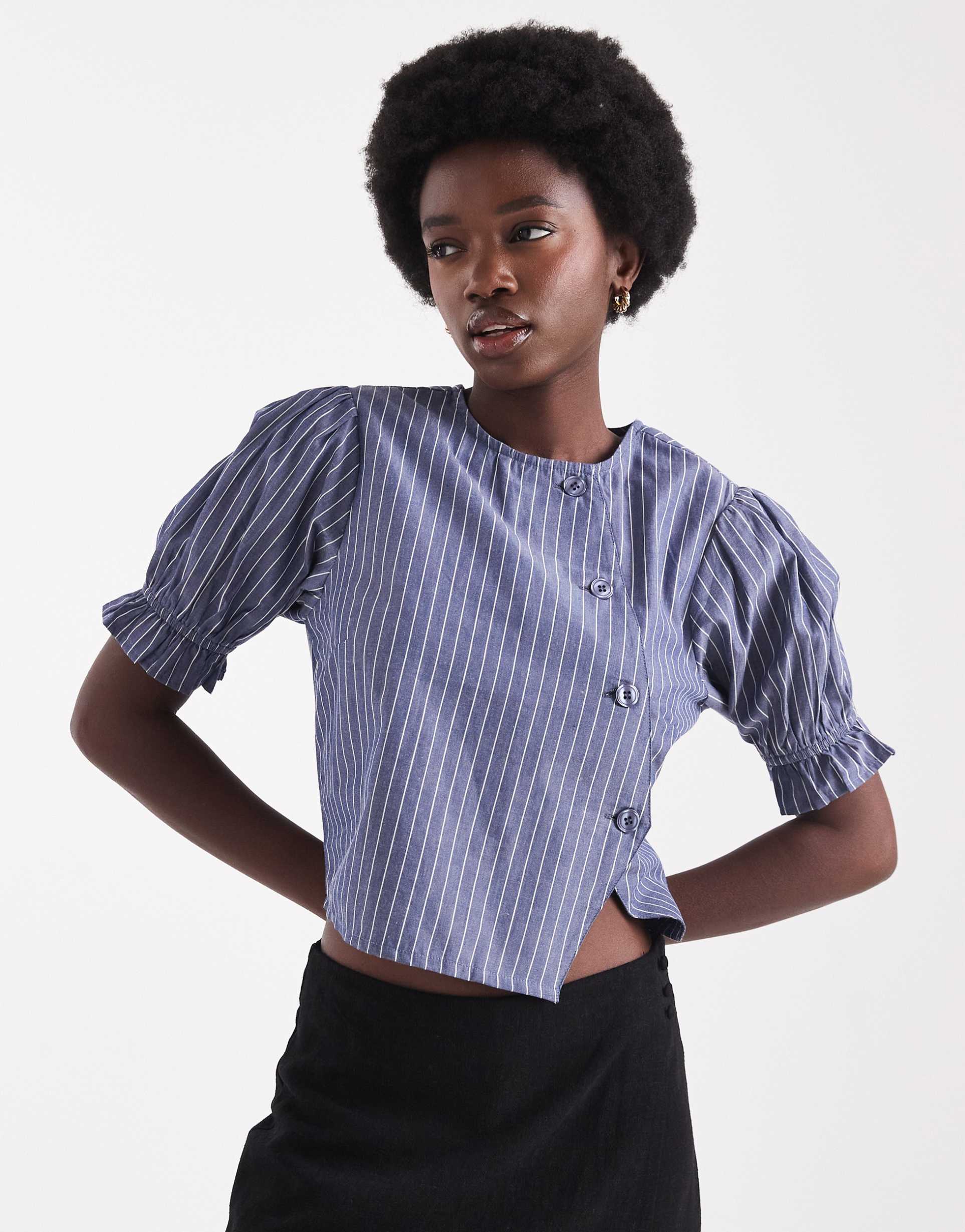 native youth buttoned top with puff sleeves in indigo stripes