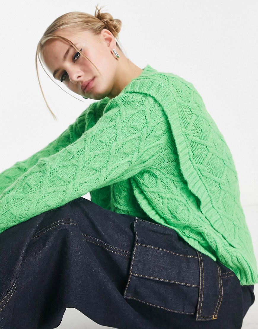 cable knit sweater with shoulder detail in apple green