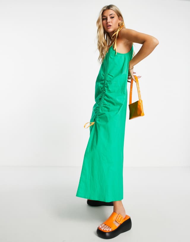 Native Youth cami maxi dress with ruched slit and contrast binding