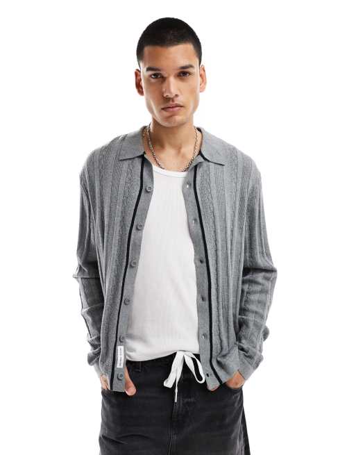 Native Youth - Camicia a maniche lunghe grigia in maglia a righe jacquard
