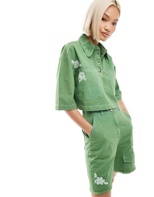 Native Youth - Camicia corta verde ricamata in coordinato