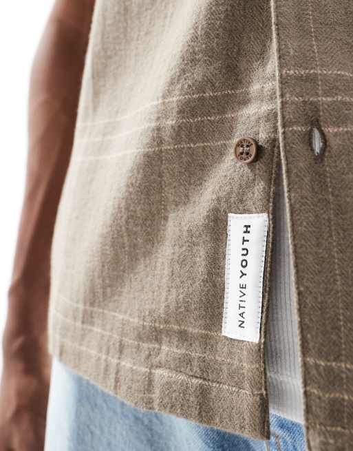 Native Youth - Camicia regular fit spazzolata marrone con colletto a rever, 3 di 4