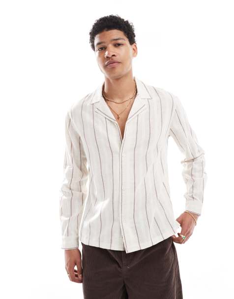 Native Youth - Camicia squadrata a maniche lunghe color pietra a righe - view 1