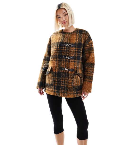 Native Youth - Cappotto bouclé arancione e blu navy a quadri con moschettoni - view 1