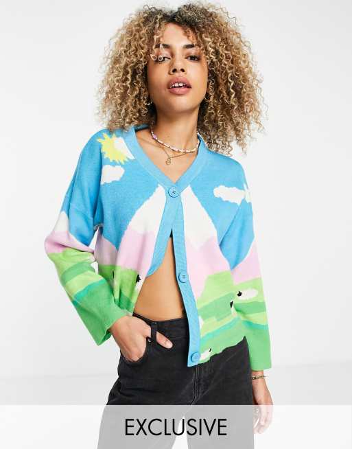 Native Youth - Cardigan oversize in maglia con paesaggio con montagne