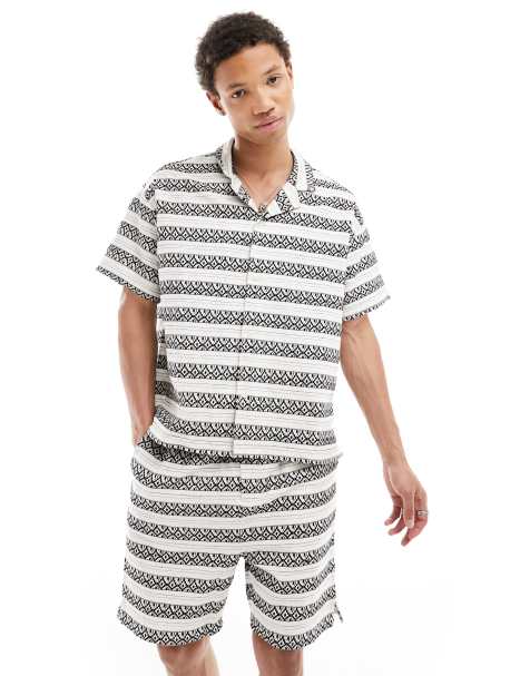 Native Youth - Chemise à manches courtes d'ensemble en jacquard rayé - Noir et blanc - view 1