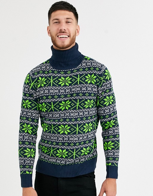 Native Youth christmas fairisle roll neck in navy with neon green pattern