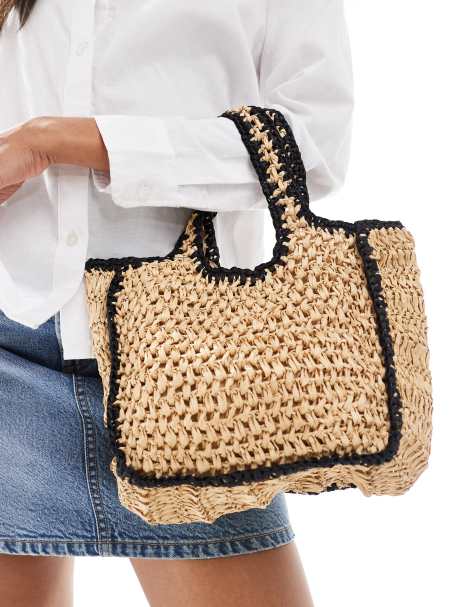 Native Youth contrast edge raffia mini bag in black and natural - view 1
