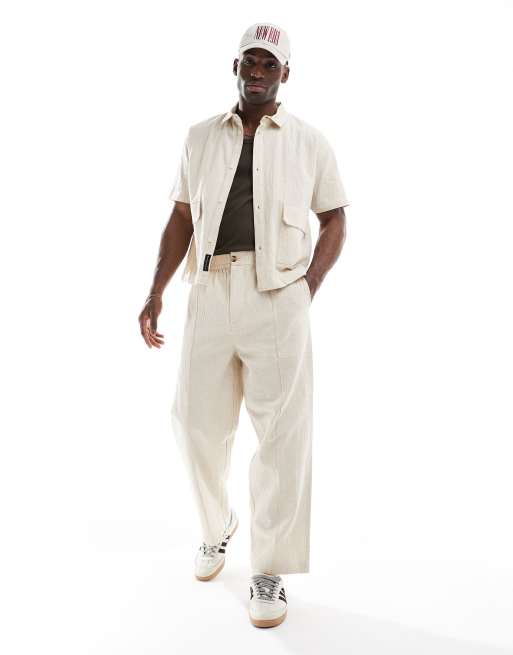Native Youth - Cornelli - Pantaloni comodi in lino color crema con ricamo in coordinato