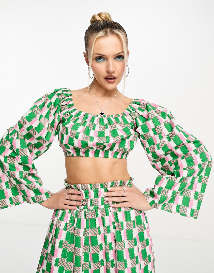 cotton geo print bell sleeve bralette top in green - part of a set
