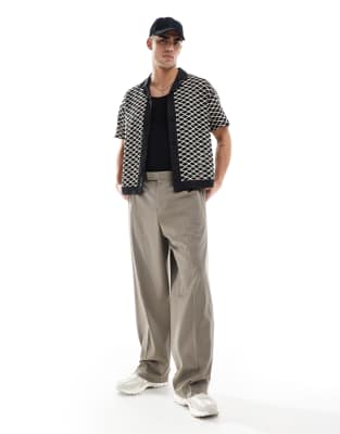 crochet camp collar shirt in ecru/black-Navy