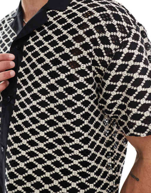 Native Youth crochet revere shirt in ecru/black, 3 of 4