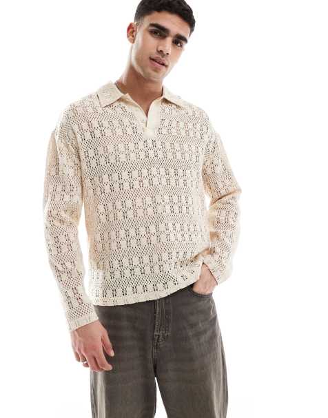 Native Youth crochet rugby polo shirt in cream - view 1