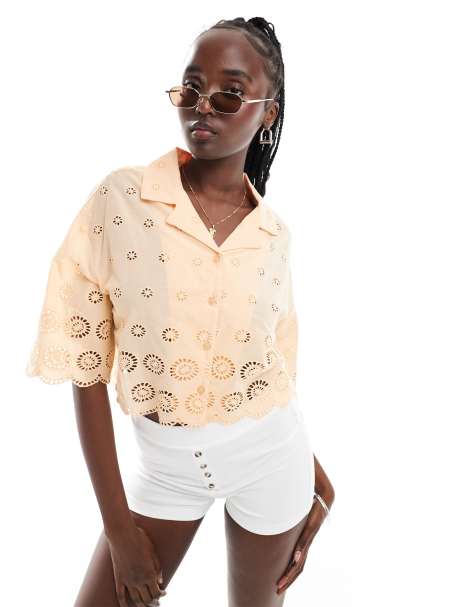 Native Youth cropped broderie anglaise shirt in peach - view 1