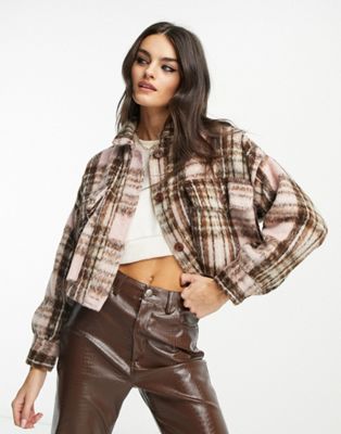 Native Youth cropped brushed shacket in pink check
