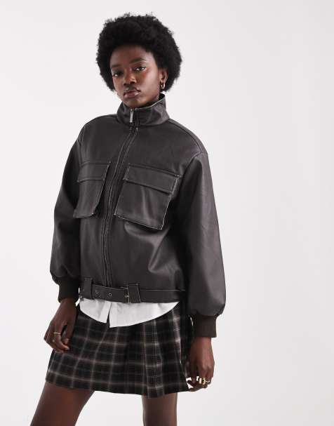 Native Youth cropped pocket detailing bomber jacket in chocolate brown - view 1