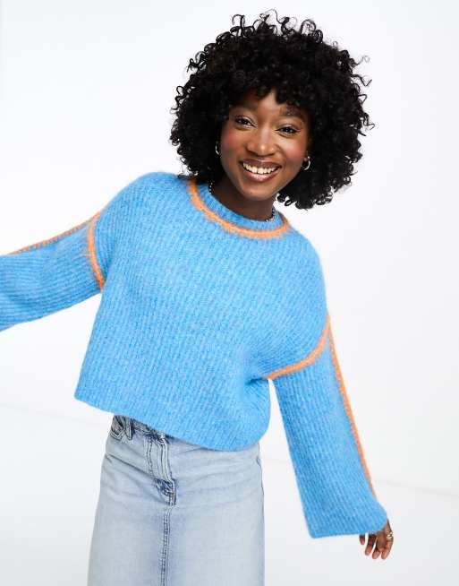 Native Youth - Cropped trui met wijde mouwen en whipstitch in blauw en oranje