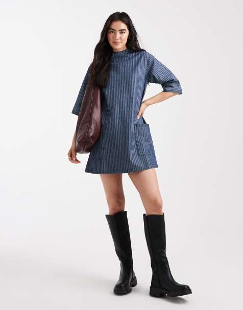 Native Youth denim striped collared dress in blue - view 1