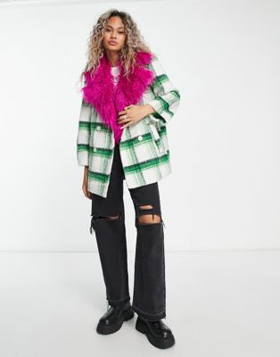 Native Youth double breasted coat with contrast collar in check
