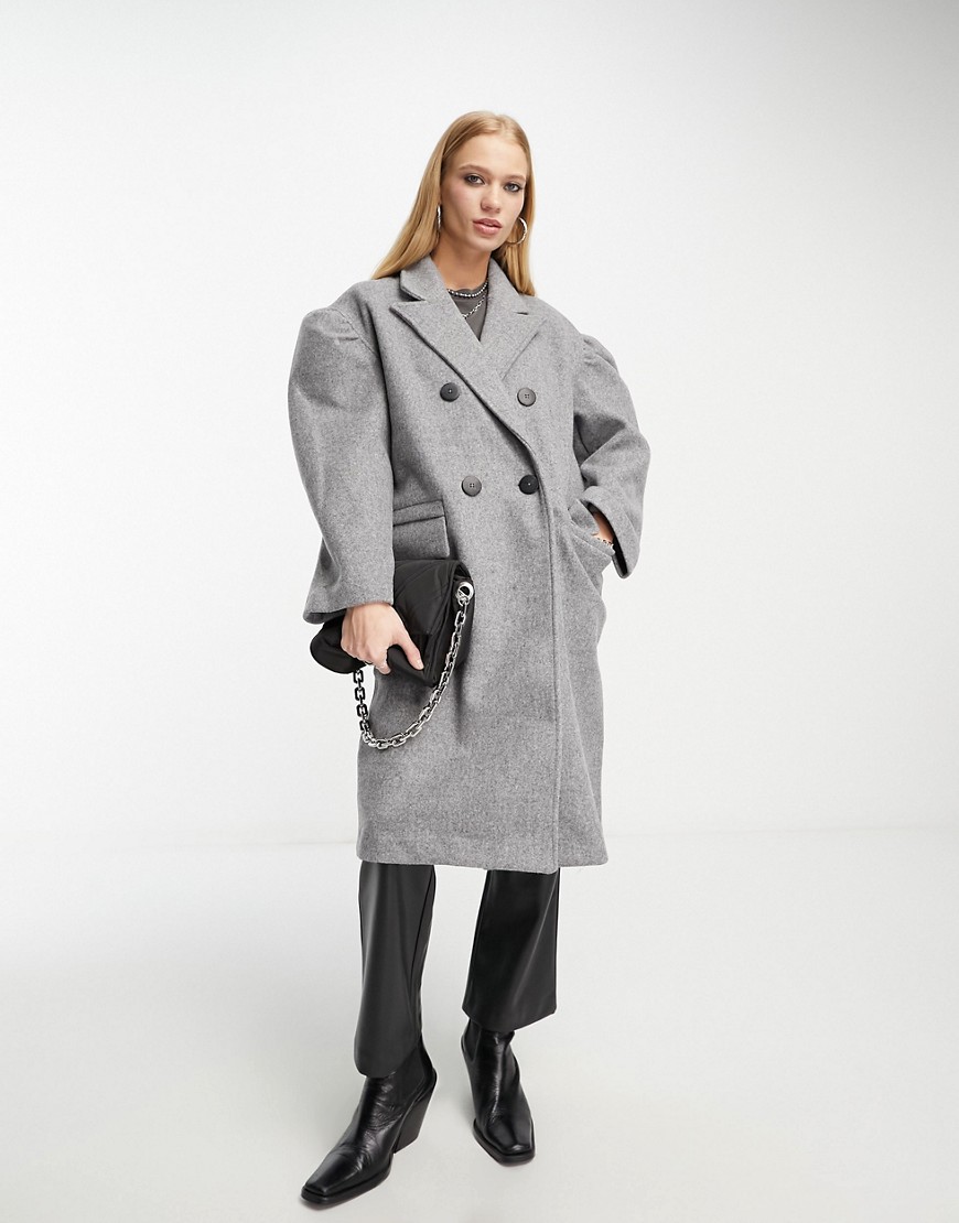 Native Youth double breasted overcoat with puff sleeves in grey