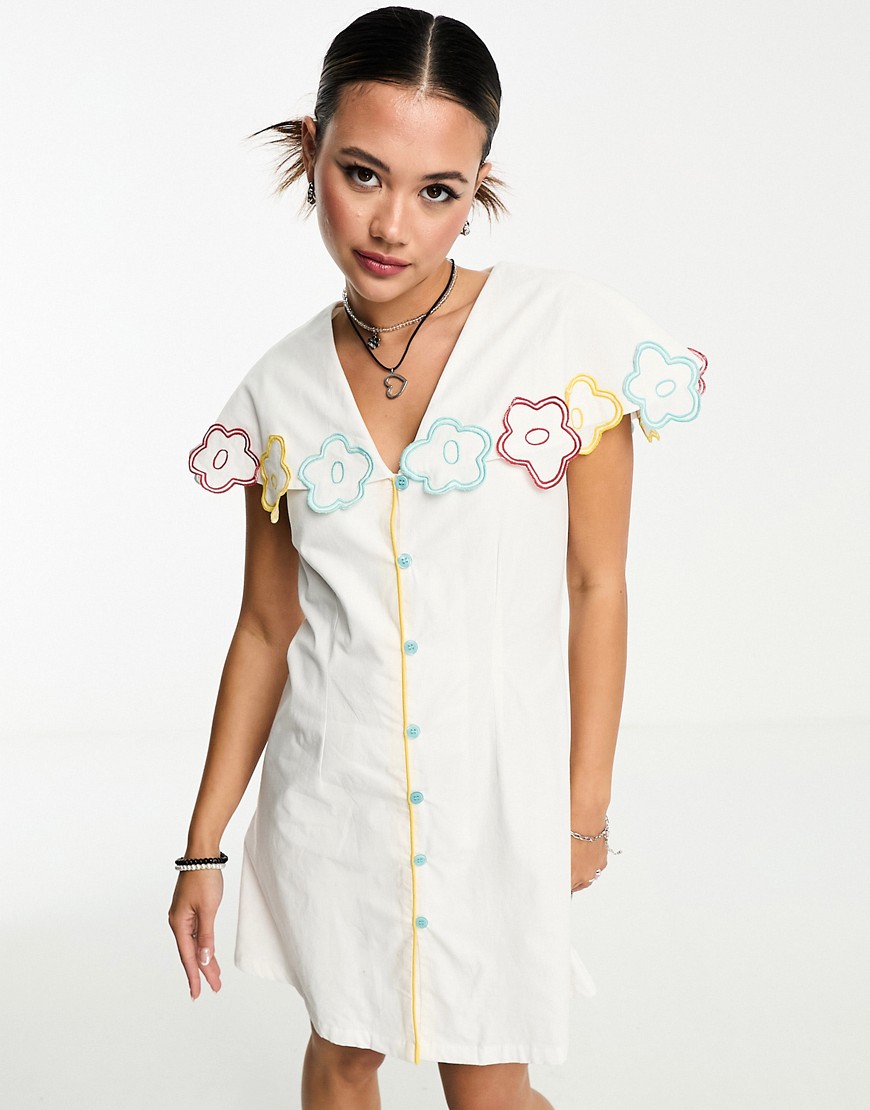 Native Youth embroidered button detail mini dress in white