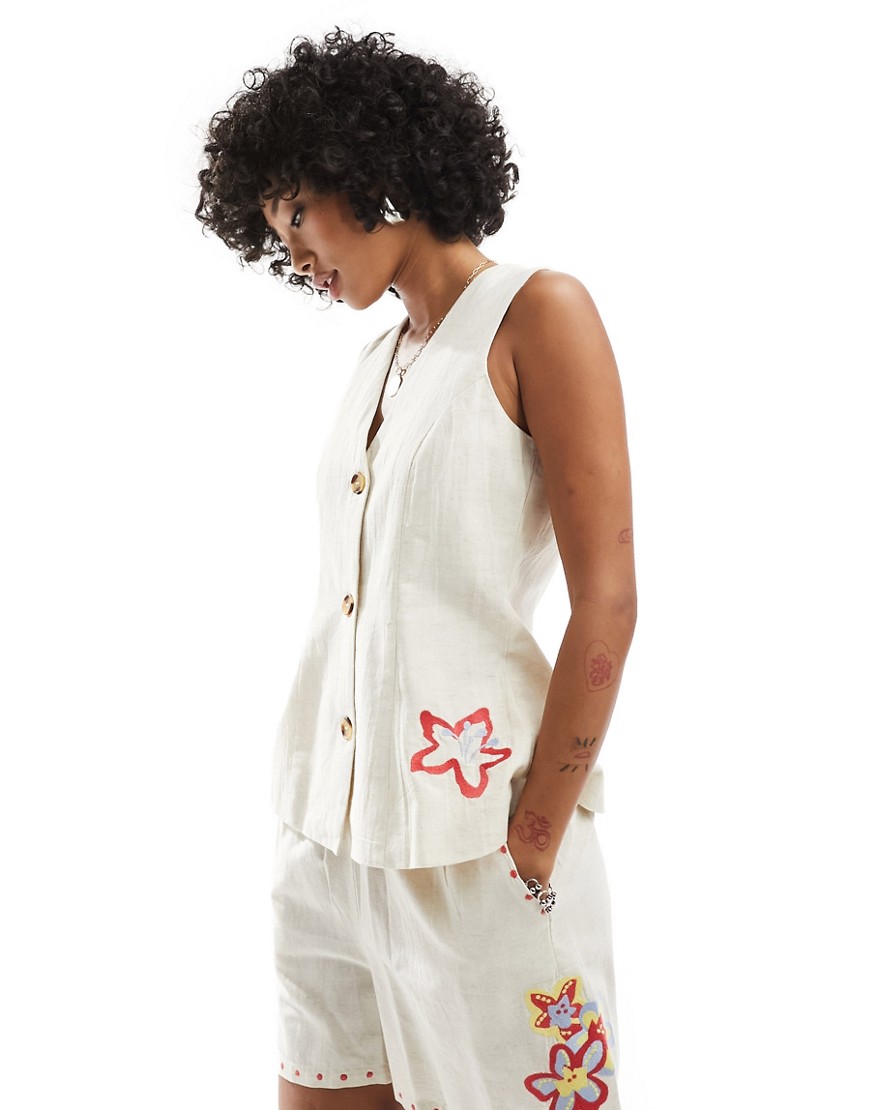 Native Youth embroidered button through linen waistcoat co-ord in neutral