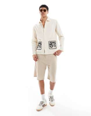 Native Youth Native Youth embroidered collar overshirt in natural-Neutral