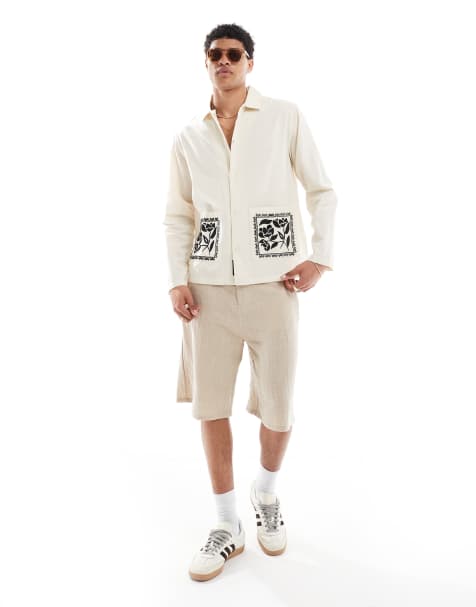 Native Youth embroidered collar overshirt in natural - view 1