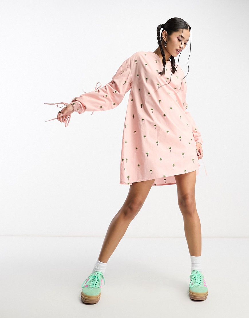 Native Youth embroidered cotton poplin mini dress in pink