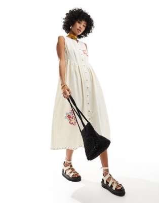 Native Youth Embroidered Detail Button Through Linen Midi Dress In Neutral