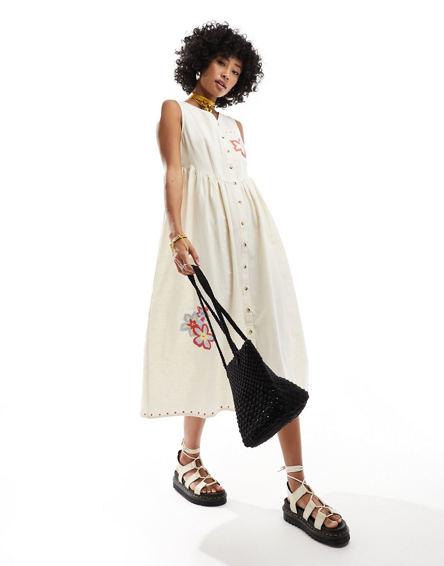 Native Youth embroidered detail button through linen midi dress in neutral