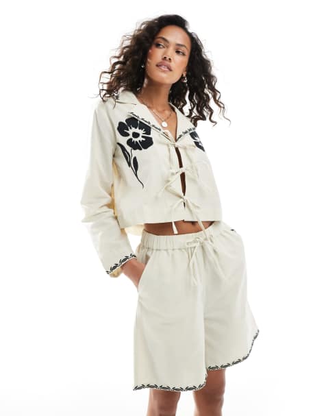 Native Youth embroidered edge linen co-ord in stone - STONE - view 1