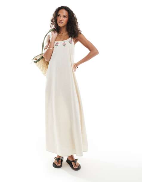 Native Youth embroidered edge linen mix maxi dress in stone - view 1
