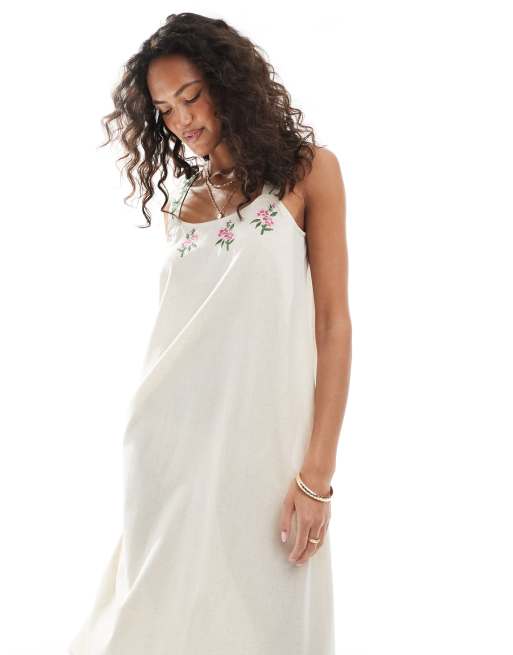 Native Youth embroidered edge linen mix maxi dress in stone | ASOS