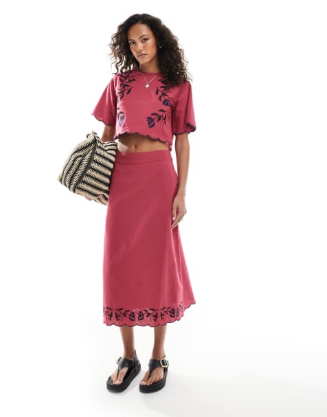 Native Youth embroidered edge midaxi skirt co-ord in burgundy