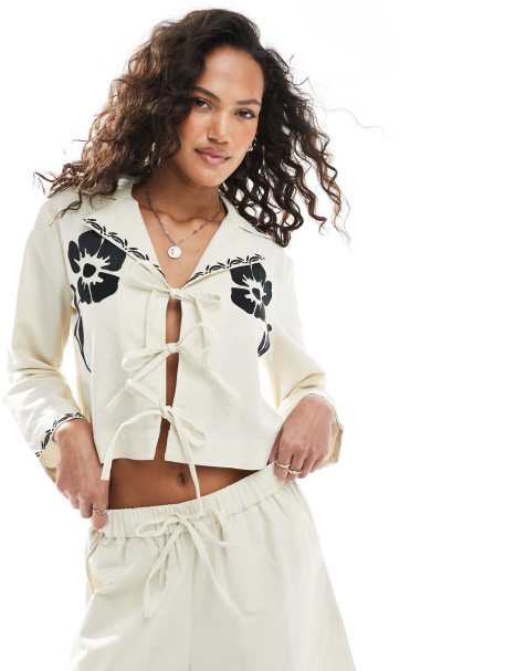 Native Youth embroidered tie detail shirt in stone - part of a set - view 1