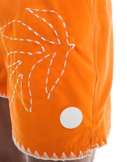 Native Youth embroidery print swim shorts in orange, 4 of 4