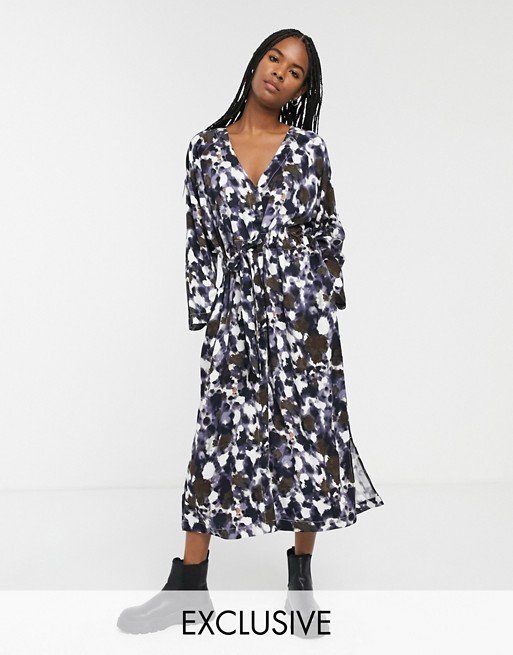 Native Youth exclusive smock dress with tie waist in abstract smudge print
