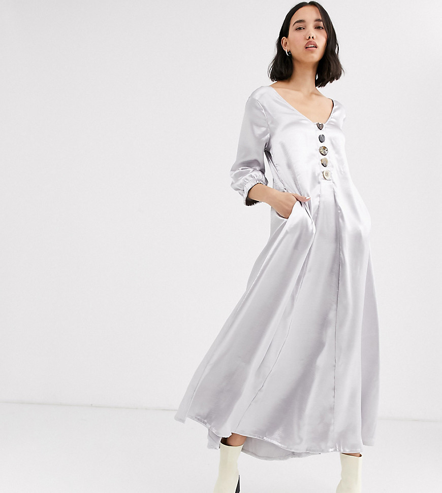Native Youth Exclusive Volume Maxi Smock Dress In Shimmer Fabric-silver