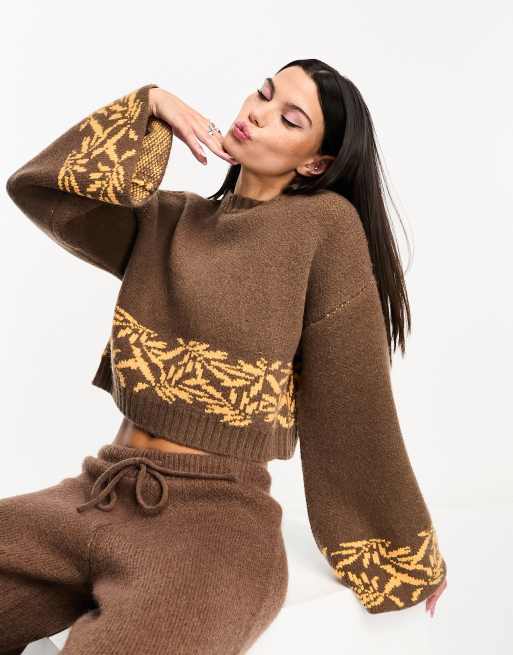 Native Youth - Fairisle intarsia trui met klokmouwen in bruin, deel van co-ord set