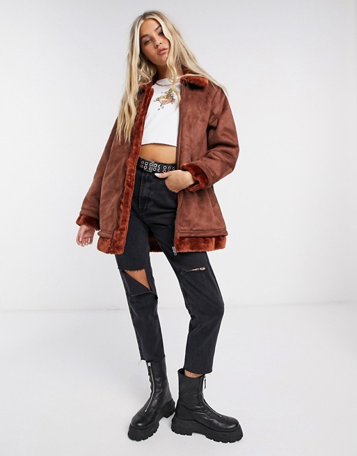 Native Youth faux fur lined aviator jacket in rust