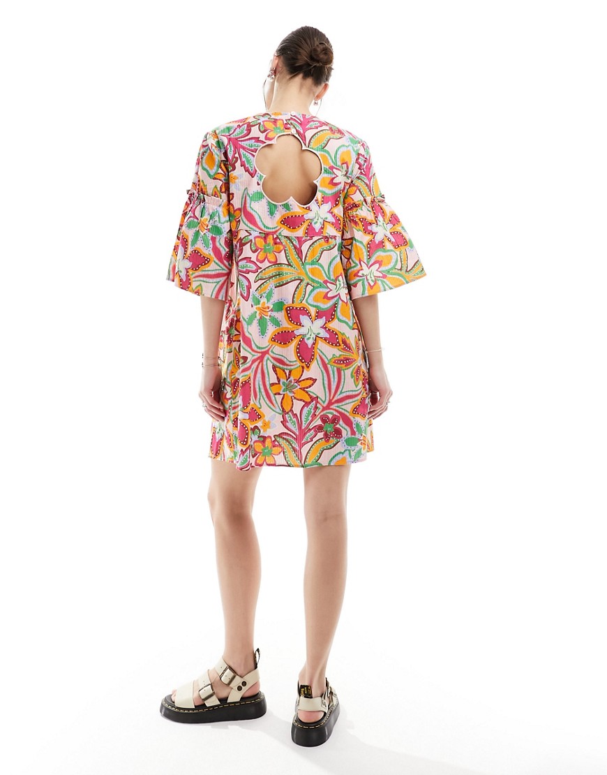 Native Youth flower cut-out back mini smock dress in multi