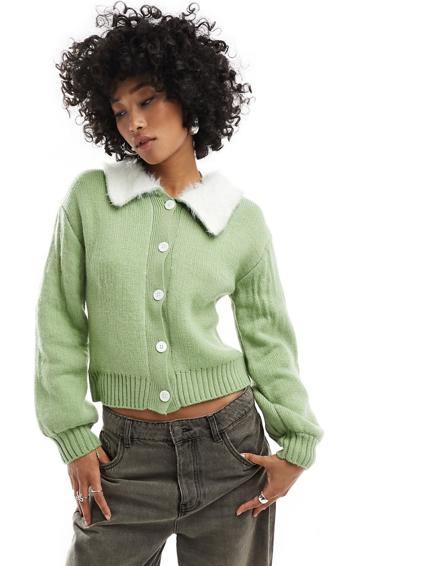Native Youth fluffy collar cropped cardigan in light green
