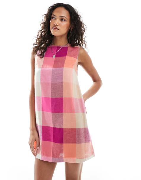 Native Youth - Geruite rechtvallende mini jurk met linnenlook in roze multi - view 1