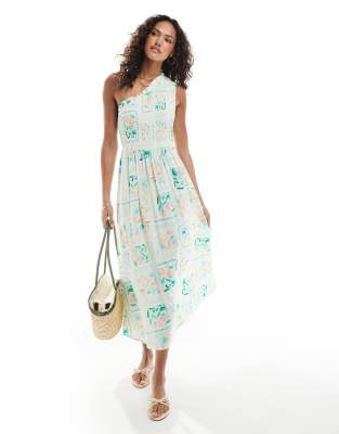 Native Youth - Gesmoktes, mehrfarbiges Midaxikleid mit One-Shoulder-Träger-Bunt