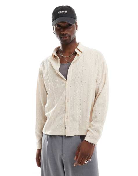 Native Youth – Gestreiftes Hemd in Cremeweiß mit Jacquard-Rautenmuster - view 1
